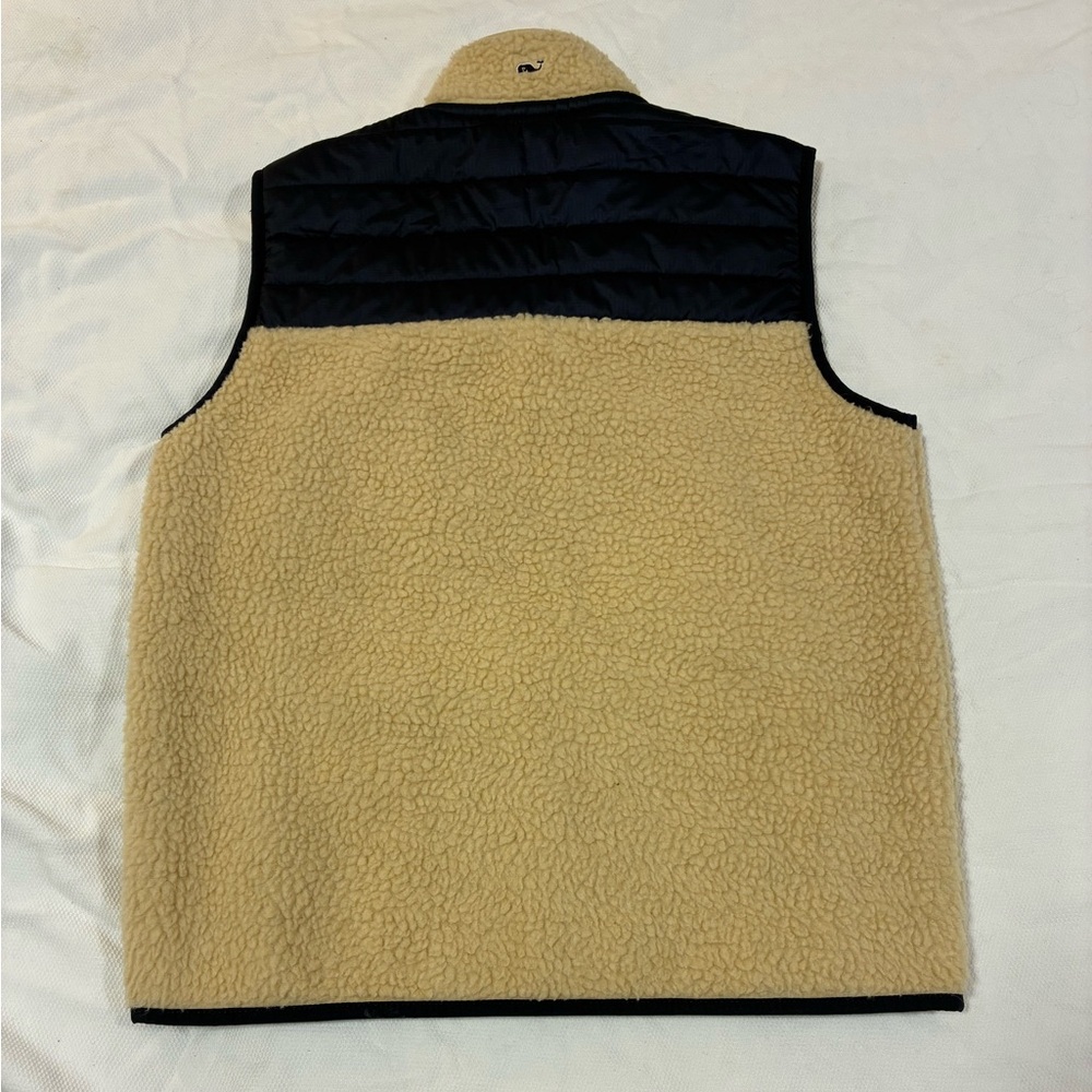 Vineyard Vines Youth L (16) Tan Sherpa Fleece Quilted Vest Navy Full Zip - Picture 6 of 8